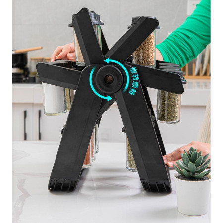 Suport Pentru Condimente Rotativ, Cyrax, Multifunctional, Pivotant 360°, Portabil, Usor de Montat, 34x23 cm, ABS/Sticla, Negru