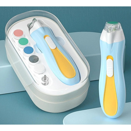 Pila Electrica, Cyrax, pentru Copii si Bebelusi, din ABS, 6 Accesorii, cu Lumina LED, 9.5 x 6 x 17 cm, Albastru/Portocaliu