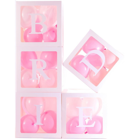 Set 5 Cutii pentru Baloane, Cyrax, Model Scris Bride, Tematica Nunta, Cuburi Decorative din Plastic, Accesorii pentru Petrecere, 30 x30 cm, Transparente Contur Alb