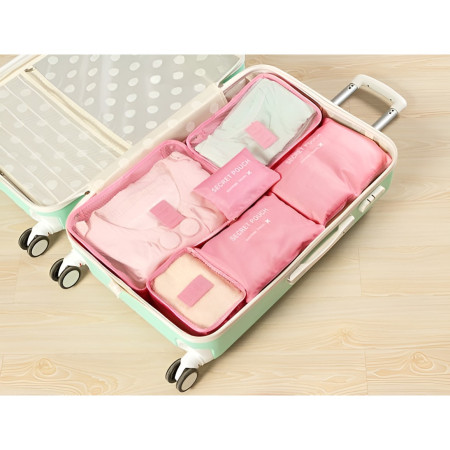 Set 6 Genți de Calatorie,  pentru Depozitare, Impermeabile, Organizator, Multifuncționale, Design cu Plasa, Pliabile, Fermoar, Dimensiuni Diferite, Roz