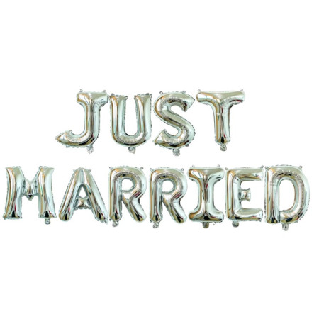 Set Baloane din Folie Metalizata, Cyrax, Model Just Married, Litere de 40 cm, Baloane Party, Ambalaj Individual, Pai, Ata si Adeziv Incluse, Umflare cu Aer sau Heliu, Argintiu