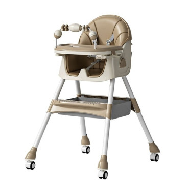 Scaun de Masa pe Roti pentru Copii, Cyrax, 2 Tavite si Husa Detasabile, Multifuncțional, Stabil, Centura de Siguranta, Spatar Reglabil Moale, Balansoar, Cos de Depozitare, de la 6 Luni, Crem