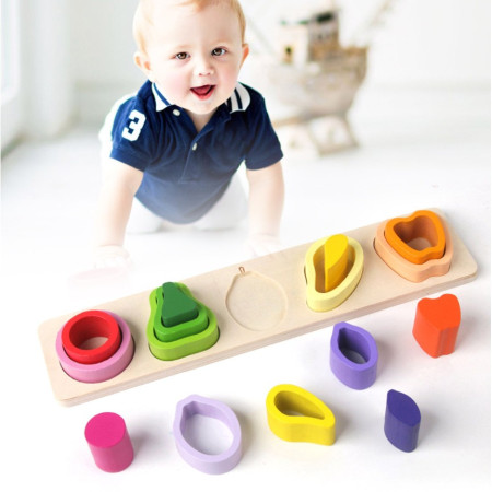 Jucarie Montessori din Lemn, Cyrax, Tip Puzzle, cu 5 Forme Asimetrice, 15 Piese, Model Fructe, Educativa, Interactiva, Creativa, Materiale Non Toxice, +2 Ani, 29x6.5 cm, Multicolor