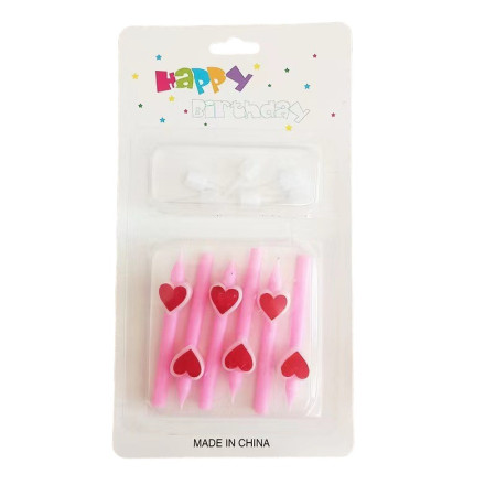 Set 6 Lumanari de Tort, Cyrax, Model Creion cu Inimioare, 5.9 x 1.1 cm, din Ceara, Roz