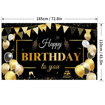 Banner Tip Fundal pentru Poze, Cyrax, din Panza, Model Happy Birthday to You, 185 x 110 cm, Sfoara 6 m, Prindere in 4 Colturi, Negru/Auriu