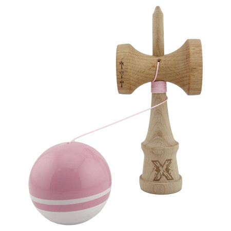 Kendama X Originala, Profesionala, Cyrax, Big Cups V2, Super Sticky cu Cupe Mari, din lemn 18 cm, Rulment Metalic cu Ata 55 cm, Roz/Alb