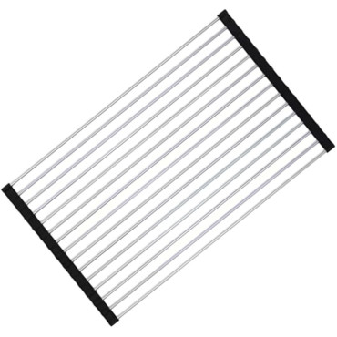 Cyrax Covoras de Scurgere pentru Chiuveta Bucatarie, din Otel Inoxidabil, Suport Chiuveta, Pliabil, Antiderapant, Usor de Curatat si de Depozitat, 37x30 cm, 15 Tuburi, Negru