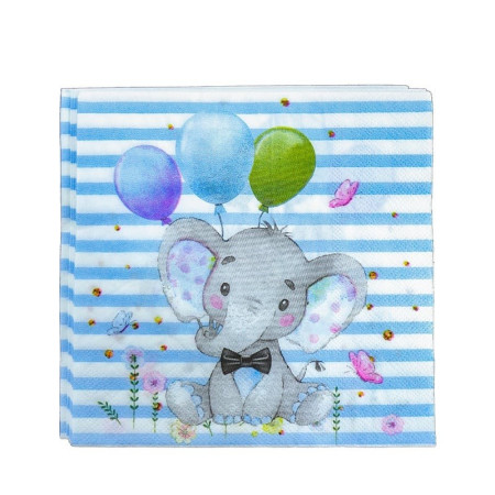 Set 20 de Servetele de Masa, Cyrax, Imprimeu Elefant, din Hartie, 16.5 x 16.5 cm, Albastru