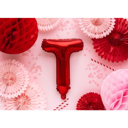 Balon Folie Metalizata Litera T, Cyrax, 40 cm, Umflati cu Heliu sau Aer, Ambalaj Individual, Pai inclus, Rosu