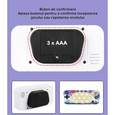 Jucarie interactiva tip consola pentru copii Cyrax, speed push whack-a-mole, joc de viteza pop it, material ABS/silicon, cu nivele, sunete si lumini, 15.5 x 7.6 x 5.3 cm, model spatiu, multicolor