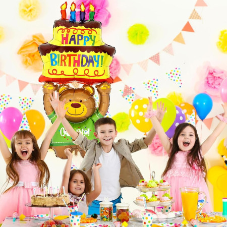 Balon din Folie Metalizata, Cyrax, Figurine Animalute, Model Ursulet cu Tort Aniversar, 124x65 cm, Ambalaj Individual, Pai Inclus, Umflare cu Aer sau Heliu, Multicolor