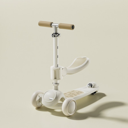 Trotineta Tip Carucior pentru Copii 7in1, Cyrax, Pliabila, Ghidon Reglabil, Parti Detasabile, Lumini LED, Muzica, Suport pentru picioare, Alb