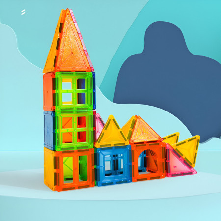 Set 32 Piese Magnetice de Constructie, Cyrax, Piese 5.5 cm, Magnetic Tiles, Forme Geometrice, 3 Ani, ABS, Magnet, 20.5 x 14.5 x 12 cm, Multicolor