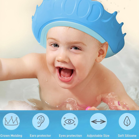Cyrax Viziera de Protectie Baie Pentru Copii, Fippy, Model Coronita, Dimensiune ajustabila, Durabil, Usor de curatat, Impotriva Samponului, pentru Ochi si Urechi, TPE+PP, 24x22 cm, Albastru