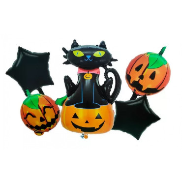 Set 5 Baloane din Folie Metalizata, Cyrax, Figurine, Tema Halloween, Pai Inclus, Ambalaj Individual, Umflare cu Aer sau Heliu, Figurina Dovleac si Pisica 90x60 cm, Stelute si Cerculete 45 cm, Portocaliu-Negru