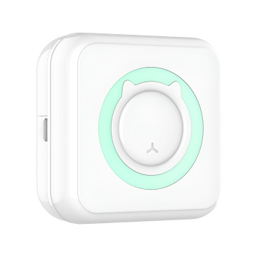 Mini Imprimanta Foto Portabila, Cyrax, 5 Role de Hartie Termica, 5 Role Autocolante, 3 Role Colorate, Pixuri, Incarcare USB, Model Pisica, Alb Verde