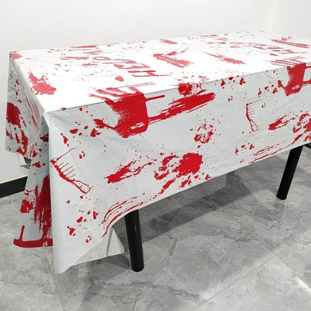 Fata de Masa, Cyrax, din Folie, Imprimeu Halloween - Help Me, 137 x 274 cm, Alb/Rosu