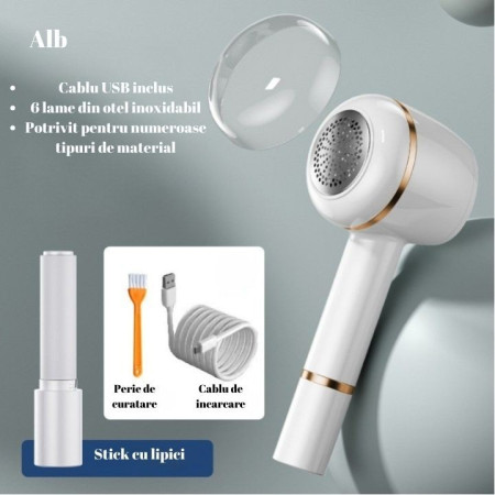 Aparat Pentru Curatat Scame, Par Si Praf,  Pentru Diferite Tipuri De Material, Cu Lame Din Otel Inoxidabil, Incarcare Prin USB Type-C, Cu Perie De Curatare, Cablu USB Si Stick Cu Lipici Incluse, Alb, 220 x 86 mm
