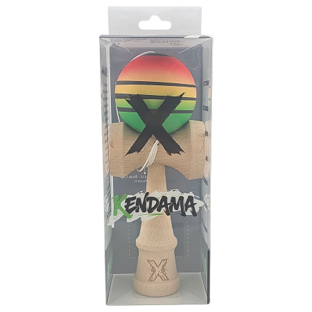 Kendama X Originala, Profesionala, Cyrax, din Lemn, Rubber Grip, 18 cm, Rosu/Galben/Verde
