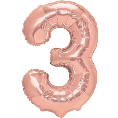 Balon din Folie Metalizata Cyrax, Figurina Cifra, Tema Aniversare 80 cm, Ambalaj Individual, Pai inclus, Umflare cu Aer sau Heliu, Rose Gold, Cifra 3