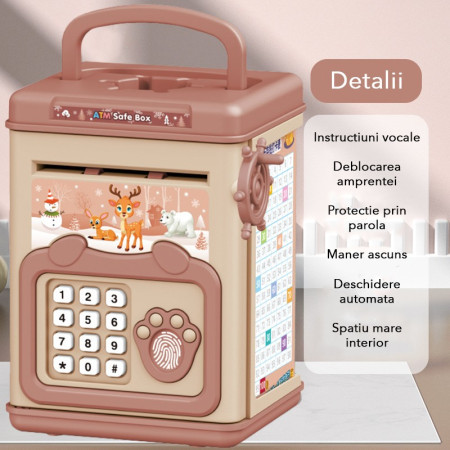 Pusculita pentru Copii, Cyrax, pusculita pentru economii SMART BOX cu efecte sonore, Tip ATM, cu Parola cu Amprenta, din plastic, 20 x 13.5 x 11.5 cm Roz