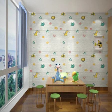 Set 10 Placi Tapet 3D,  70 x 77 cm, Grosime 3 mm, din Polietilena, Tip Caramida, Model Animalute si Floricele, Suprafata acoperita 5.3 mp, Alb