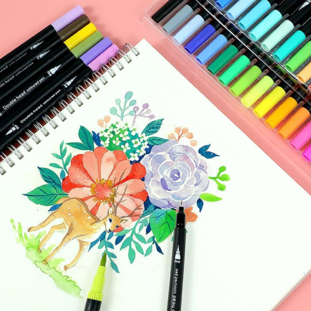 Set Carioci pe Baza de Apa, Cyrax, 2 in 1, pentru Pictura, Caligrafie, 72 Culori, Penar Negru, Corp Carioca Negru, 24.5 x 18.5 x 5 cm, Multicolor