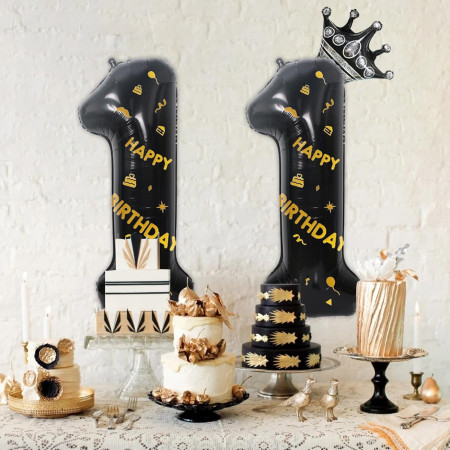 Balon din Folie Metalizata Cyrax, Figurina Cifra si Coroana, Scris Happy Birthday, Tema Aniversare 100 cm, Ambalaj Individual, Pai inclus, Umflare cu Aer sau Heliu, Negru, Cifra 1