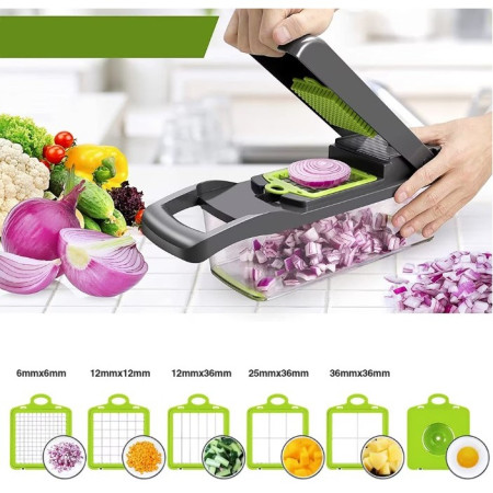 Feliator Multifunctional, Cyrax, Razatoare, 8 in 1, pentru Fructe si Legume, 10 Piese, Lame de Inox, Recipient Stocare, Separator Oua, Protectie Mana, ABS, 32.2x11.3 cm, Verde/Gri
