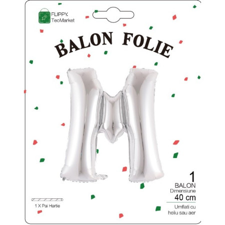 Balon Folie Metalizata Litera M, Cyrax, 40 cm, Umflati cu Heliu sau Aer, Ambalaj Individual, Pai inclus, Argintiu
