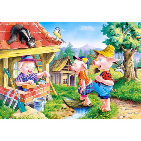 Puzzle 60 de Piese din Lemn in Cutie Metalica, Cyrax, Model Cei Trei Purcelusi, Educativ, Dezvoltare Abilitati Cognitive, pentru Prescolari, 22.5x13.5 cm, Multicolor