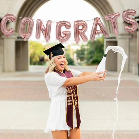 Set 8 Baloane din Folie Metalizata, Cyrax, Model Scris Congrats, Litere de 40 cm, Tema Absolvire, Baloane Party, Ambalaj Individual, Pai Inclus, Umflare cu Aer sau Heliu, Roz