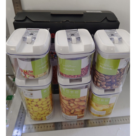 Set 6 Recipiente din Plastic, Cyrax, pentru Alimente/Obiecte, Inchidere Ermetica, 2 x 0.5l, 2 x 0.8l, 2 x 1.2l, Capac Alb, Transparent