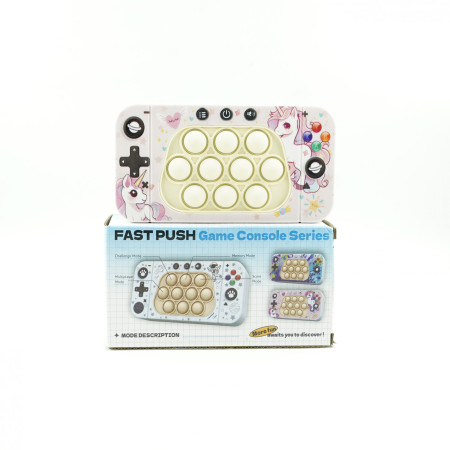 Jucarie interactiva tip consola pentru copii Cyrax, speed push whack-a-mole, joc de viteza pop it, material ABS/silicon, cu nivele, sunete si lumini, 15.5 x 7.6 x 5.3 cm, model unicorn, roz