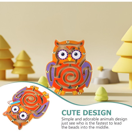 Joc Montessori cu Bile, Cyrax, Creion Magnetic, Tip Labirint, din Lemn, Model Bufnita, 18.5x17.5 cm, Portocaliu-Mov