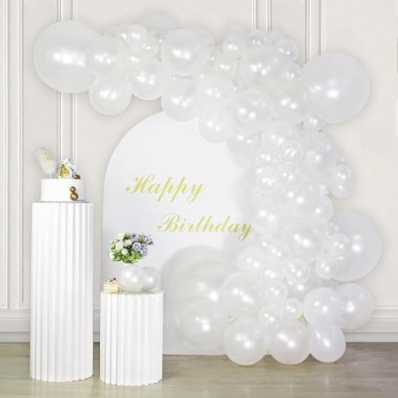 Baloane din Latex pentru Arcada, Cyrax, Set din 120 baloane, Model Party, Botez, Pai transparent si adeziv inclus in cutie, 23 cm, Alb
