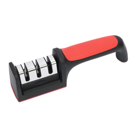 Dispozitiv pentru ascutit cutite Cyrax, cu 3 pozitii, rosu/negru, material inox si ABS, 21.5x5x6 cm