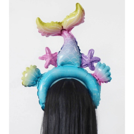 Balon din Folie Metalizata, Cyrax, Tip Coronita, Model Sirena, Ambalaj Individual, Pai Inclus, Umflare cu Aer sau Heliu, 43 x 50 cm, Multicolor