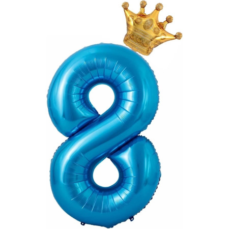 Balon din Folie Metalizata Cyrax, Figurina Cifra si Coroana, Tema Aniversare 100 cm, Ambalaj Individual, Pai inclus, Umflare cu Aer sau Heliu, Albastru, Cifra 8