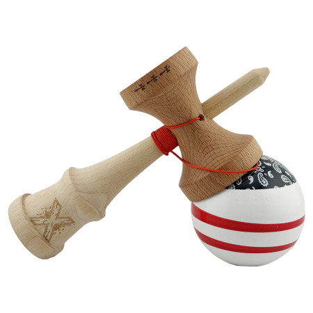 Kendama X CHICANOS Originala, Profesionala, Cyrax, Big Cups V2, Super Sticky cu Cupe Mari, Rulment Metalic, din lemn 18 cm, Ata 55 cm, Negru/Alb