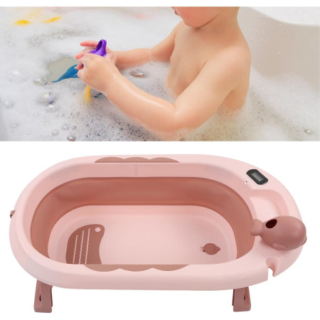 Cada de Baie, Cyrax, pentru Copii 0 luni - 6 Ani, cu Termometru, Pliabila, Perna Suport Inclusa, din Plastic, 81.5 x 49 x 21.5 cm, Roz