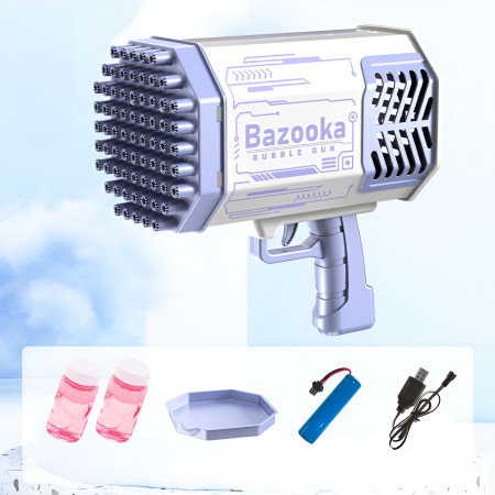 Pistol pentru Baloane de Sapun, Cyrax, 69 de Gauri, Lumini Colorate, Tavita, Lichid, Baterie de Li, Cablu de Incarcare, 24cm x 14cm x 24cm, Mov