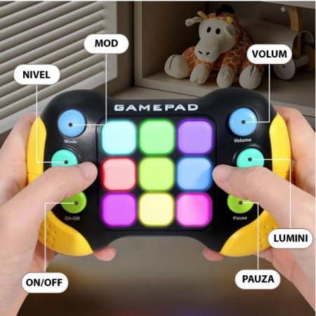 Jucarie Interactiva Cyrax, Tip Consola Pop It, 6 butoane functionale, 5 Moduri de Joc, 600 Niveluri, + 3 ani, Galben/Negru