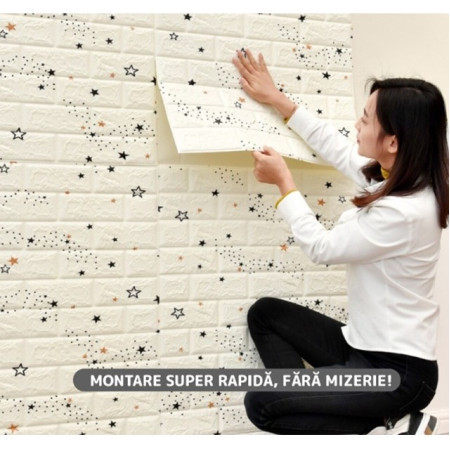 Set 10 Placi de Tapet,  Autoadezive, 70 x 77 cm, Suprafata Acoperita 5.3 mp, din PVC, Model Stelute Albastre, Alb