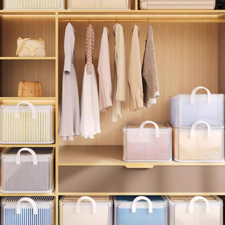 Cutie container de depozitare din PVC,  de stocare, Dimensiuni multiple, Accesoriu robust pentru organizarea de uz casnic, volum 26L, 47 x 28 x 20 cm, Transparenta