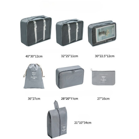 Set 7 Genti de Calatorie,  pentru Depozitare, Compresibile, 7 Dimensiuni, Impermeabile, Design cu Plasa, Pliabile, Manere Robuste, Fermoar dublu, Gri