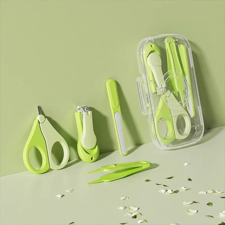 Set 4in1 de Ingrijire Unghii pentru Bebelusi, Cyrax, Cutie de Depozitare Texturata, 0-6 Ani, 13.6x8x2 cm, Verde