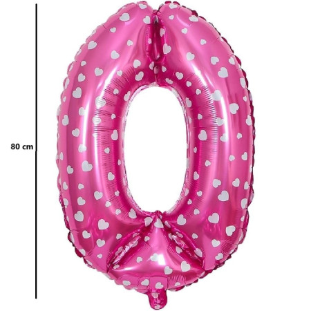 Balon din Folie Metalizata Cyrax, Figurina Cifra, Imprimeu Inimi, Tema Aniversare 80 cm, Ambalaj Individual, Pai inclus, Umflare cu Aer sau Heliu, Roz, Cifra 0