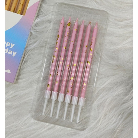 Set 6 Lumanari Lungi, Cyrax, din Parafina, 10 x 0.5 cm, Happy Birthday, Roz