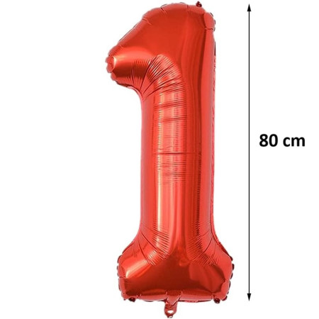 Balon din Folie Metalizata Cyrax, Figurina Cifra, Tema Aniversare 80 cm, Ambalaj Individual, Pai inclus, Umflare cu Aer sau Heliu, Rosu, Cifra 1